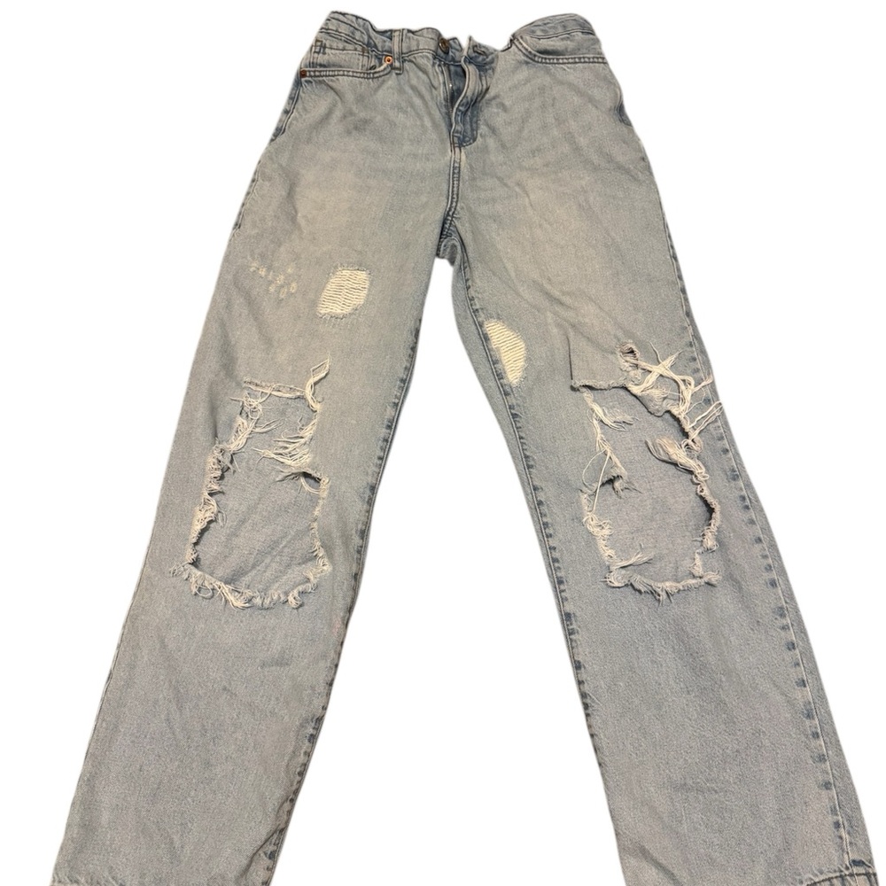 Distressed, Relaxed Fit, Light Blue Jeans, 26W